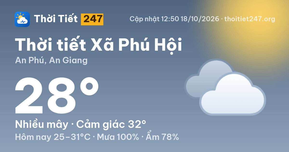 Thời tiết Xã Phú Hội hôm nay 18/10/2026: 28°C, nhiều mây