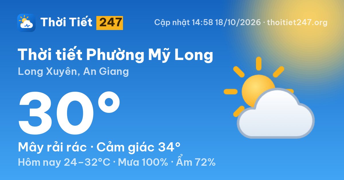 Thời tiết Phường Mỹ Long hôm nay 18/10/2026: 30°C, mây rải rác