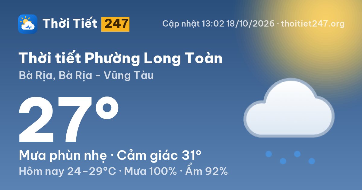 Thời tiết Phường Long Toàn hôm nay 18/10/2026: 27°C, mưa phùn nhẹ