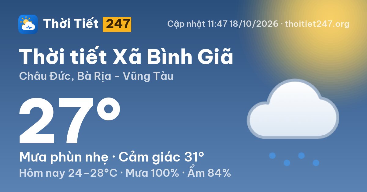 Thời tiết Xã Bình Giã hôm nay 18/10/2026: 27°C, mưa phùn nhẹ