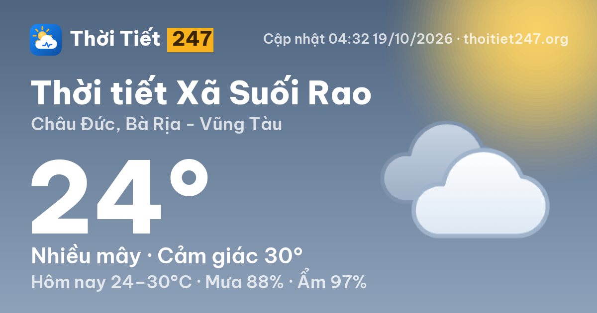 Thời tiết Xã Suối Rao hôm nay 19/10/2026: 24°C, nhiều mây