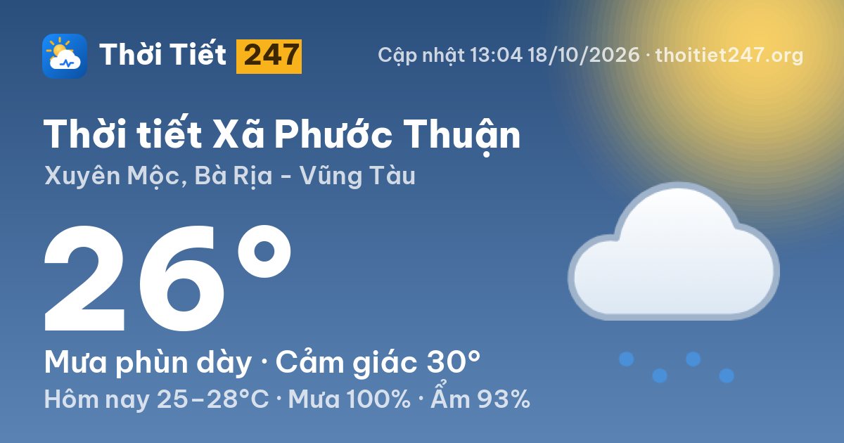 Thời tiết Xã Phước Thuận hôm nay 18/10/2026: 26°C, mưa phùn dày