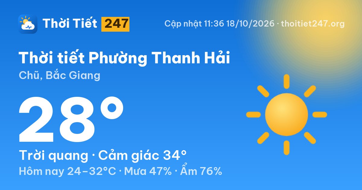 Thời tiết Phường Thanh Hải hôm nay 18/10/2026: 28°C, trời quang