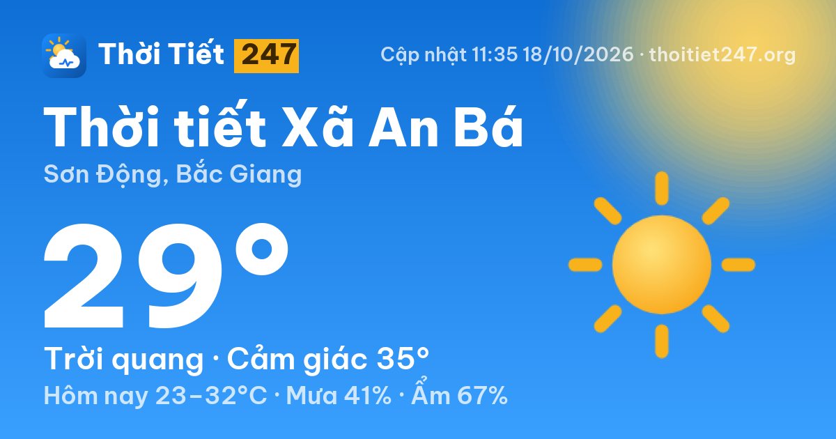 Thời tiết Xã An Bá hôm nay 18/10/2026: 29°C, trời quang