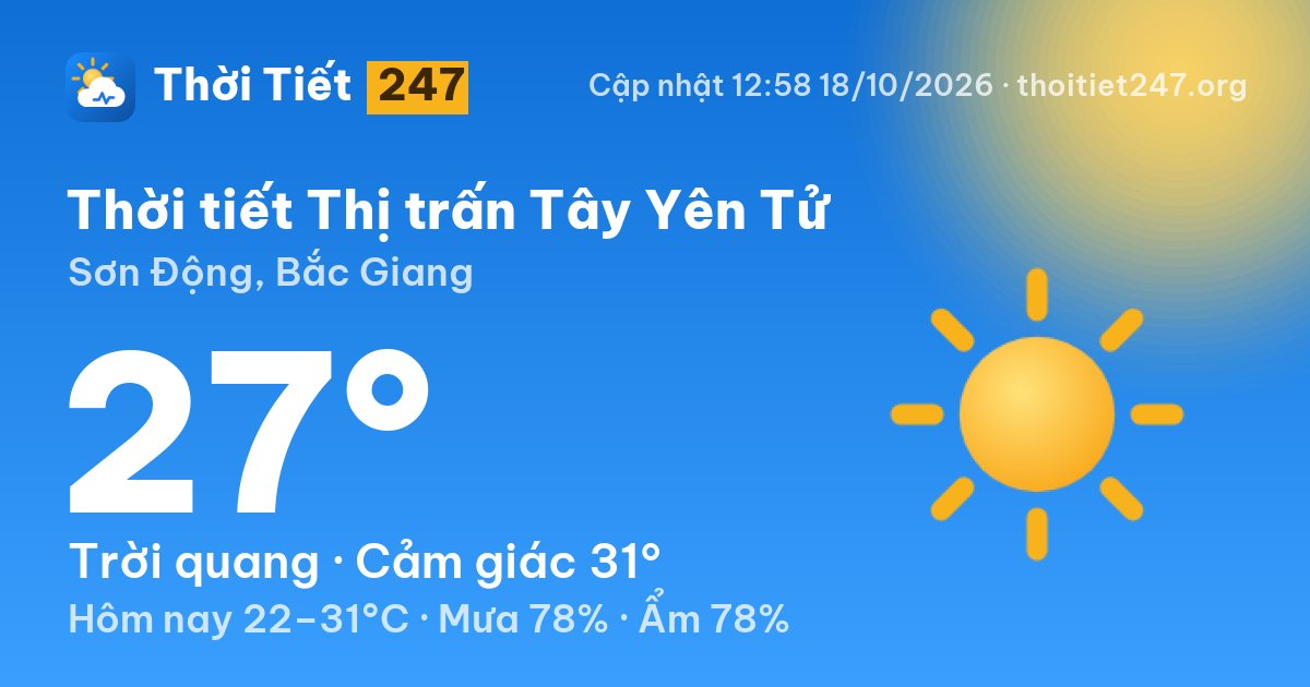 Thời tiết Thị trấn Tây Yên Tử hôm nay 18/10/2026: 27°C, trời quang