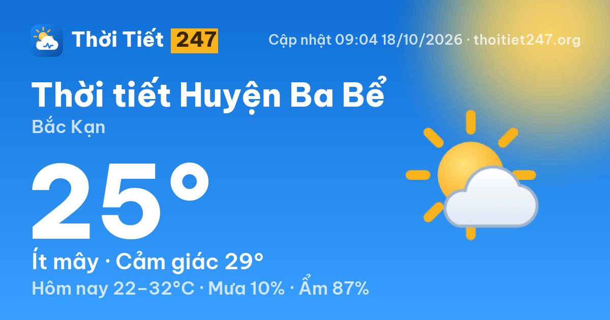 Thời tiết Huyện Ba Bể hôm nay 18/10/2026: 25°C, ít mây