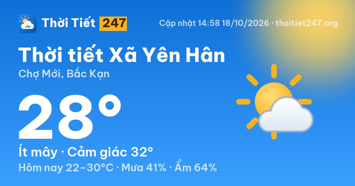 Thời tiết Xã Yên Hân hôm nay 18/10/2026: 28°C, ít mây
