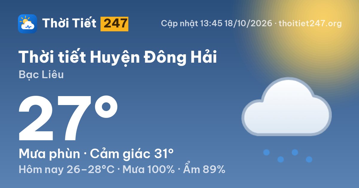 Thời tiết Huyện Đông Hải hôm nay 18/10/2026: 27°C, mưa phùn