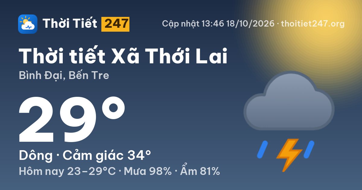 Thời tiết Xã Thới Lai hôm nay 18/10/2026: 29°C, dông