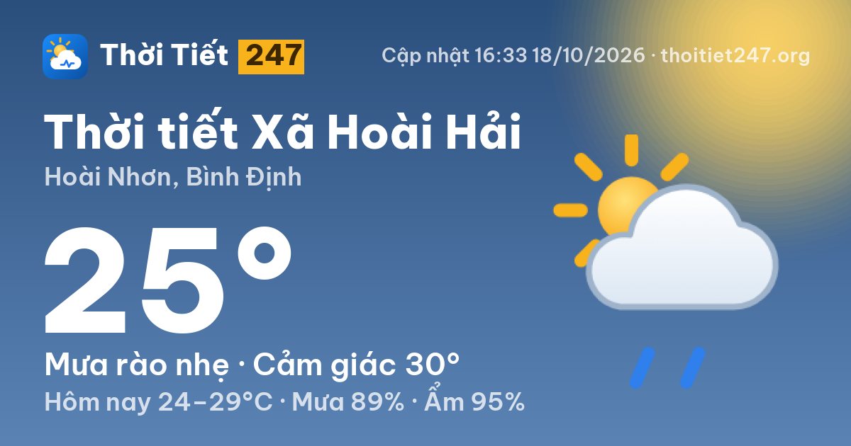 Thời tiết Xã Hoài Hải hôm nay 18/10/2026: 25°C, mưa rào nhẹ