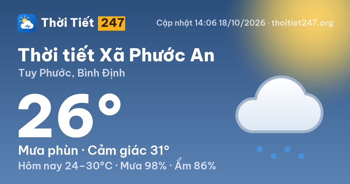Thời tiết Xã Phước An hôm nay 18/10/2026: 26°C, mưa phùn