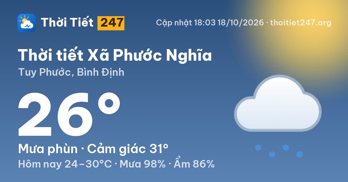 Thời tiết Xã Phước Nghĩa hôm nay 18/10/2026: 26°C, mưa phùn