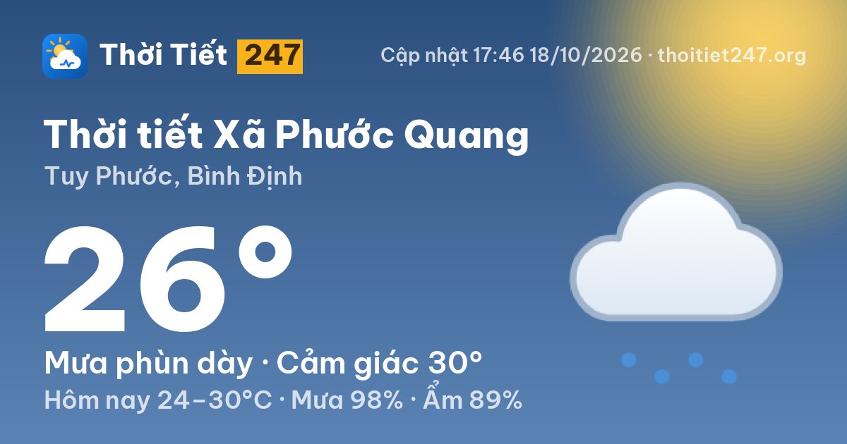 Thời tiết Xã Phước Quang hôm nay 18/10/2026: 26°C, mưa phùn dày