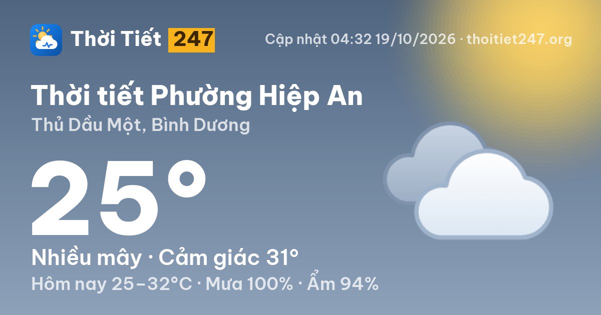 Thời tiết Phường Hiệp An hôm nay 19/10/2026: 25°C, nhiều mây