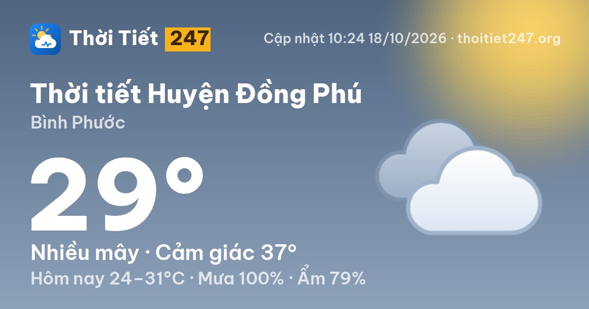 Thời tiết Huyện Đồng Phú hôm nay 18/10/2026: 26°C, nhiều mây