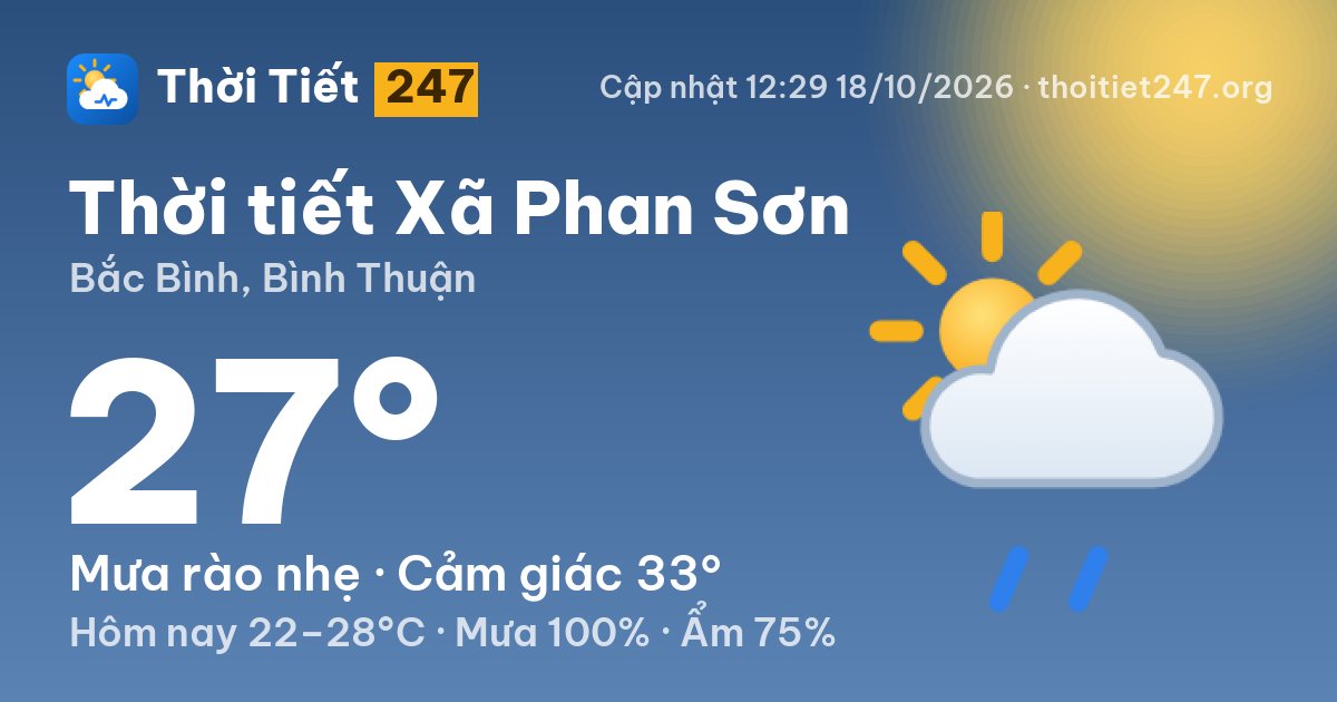 Thời tiết Xã Phan Sơn hôm nay 18/10/2026: 27°C, mưa rào nhẹ