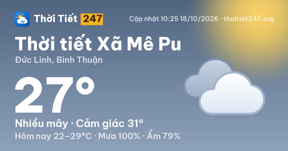 Thời tiết Xã Mê Pu hôm nay 18/10/2026: 27°C, nhiều mây