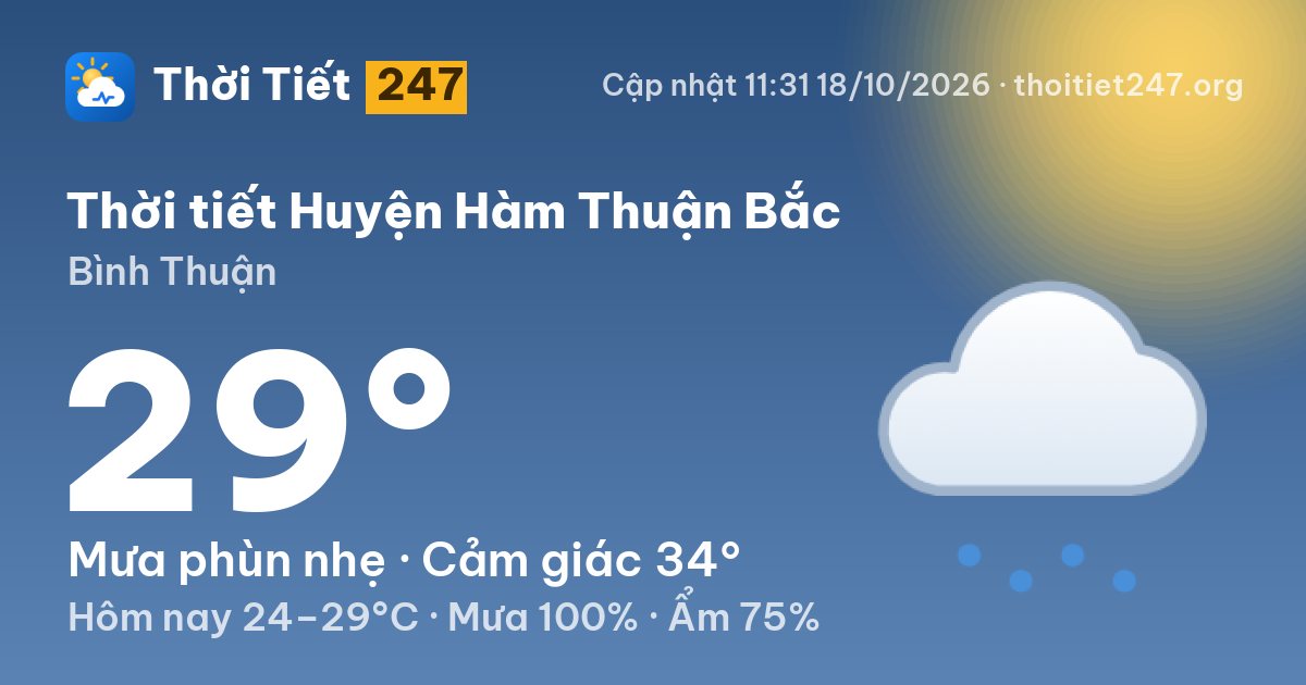 Thời tiết Huyện Hàm Thuận Bắc hôm nay 18/10/2026: 29°C, mưa phùn nhẹ