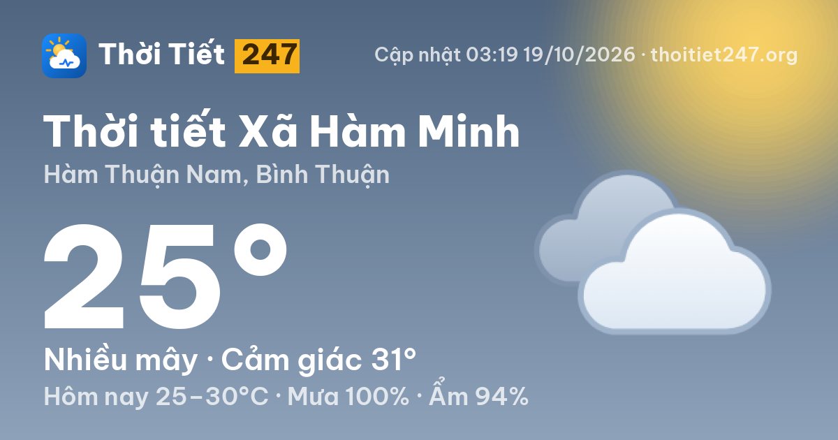 Thời tiết Xã Hàm Minh hôm nay 19/10/2026: 28°C, mưa phùn