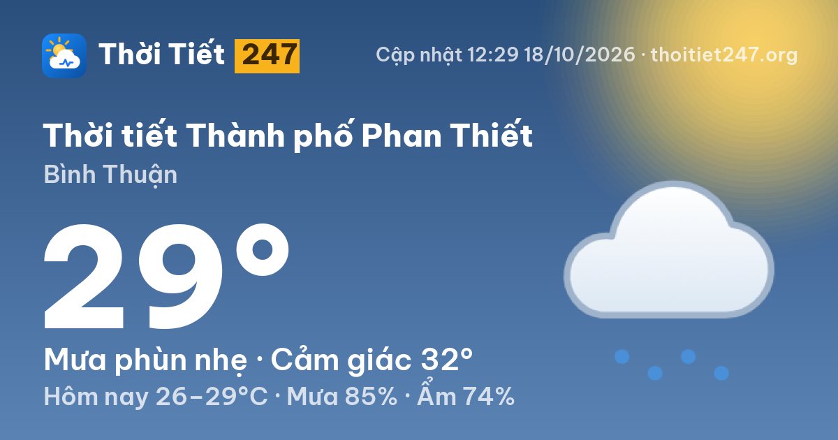 Thời tiết Thành phố Phan Thiết hôm nay 18/10/2026: 29°C, mưa phùn nhẹ