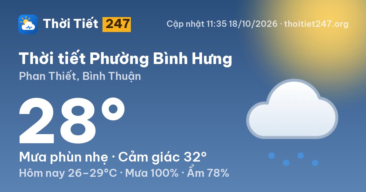 Thời tiết Phường Bình Hưng hôm nay 18/10/2026: 28°C, mưa phùn nhẹ
