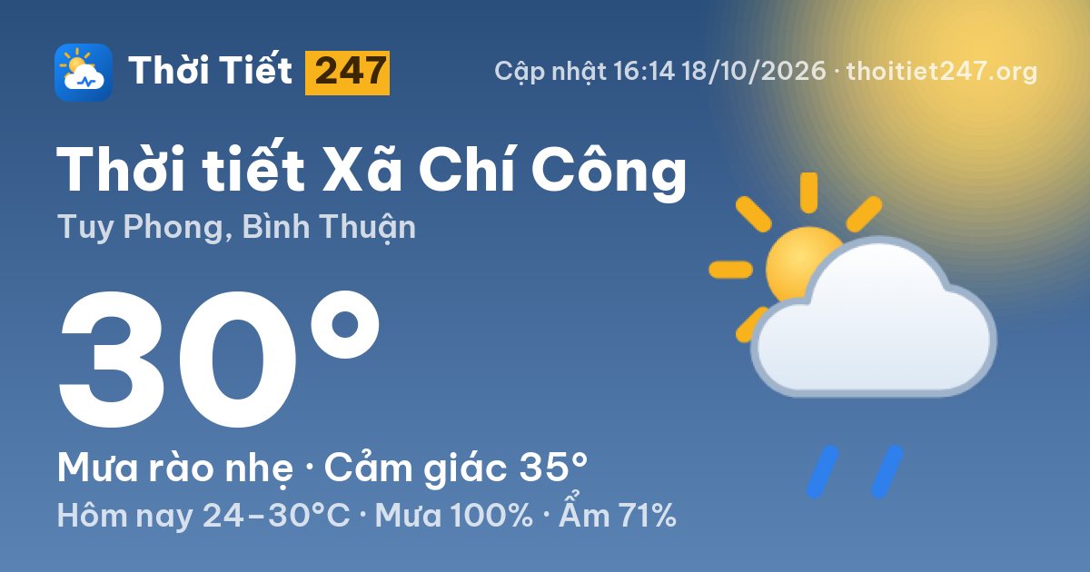 Thời tiết Xã Chí Công hôm nay 18/10/2026: 30°C, mưa rào nhẹ