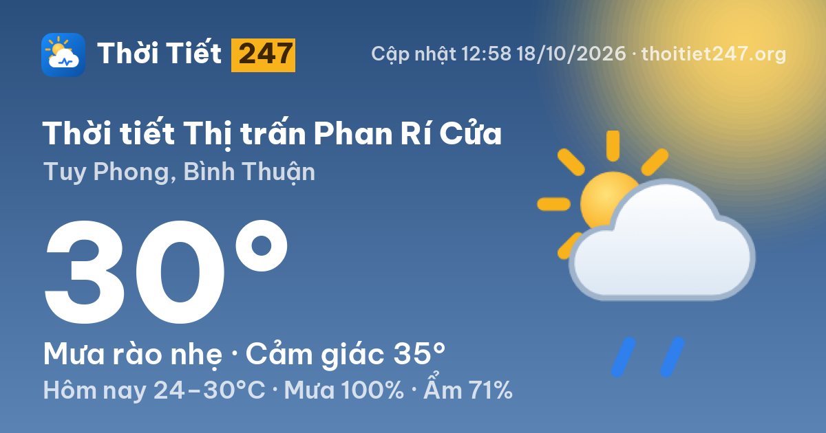 Thời tiết Thị trấn Phan Rí Cửa hôm nay 18/10/2026: 30°C, mưa rào nhẹ