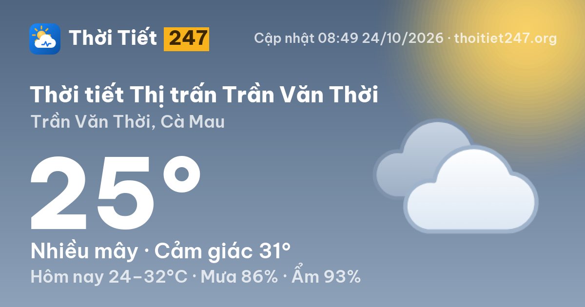 Thời tiết Thị trấn Trần Văn Thời hôm nay 24/10/2026: 25°C, nhiều mây