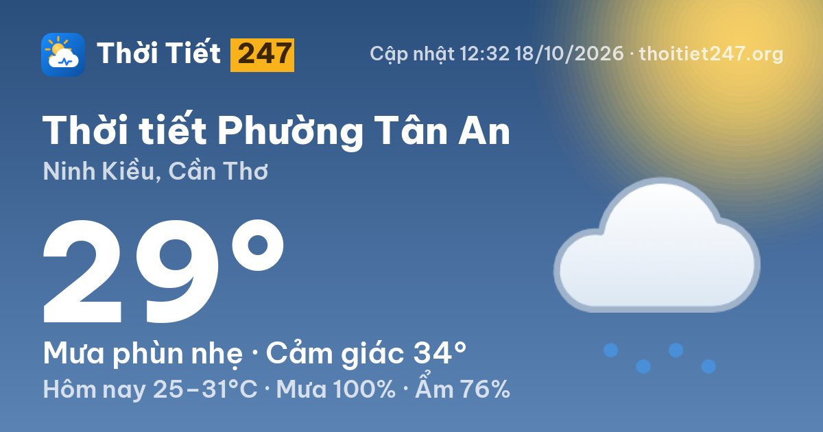 Thời tiết Phường Tân An hôm nay 18/10/2026: 29°C, mưa phùn nhẹ
