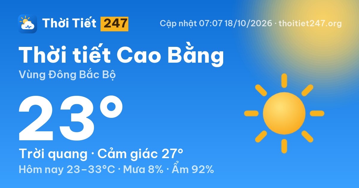 Thời tiết Cao Bằng hôm nay 18/10/2026: 23°C, trời quang