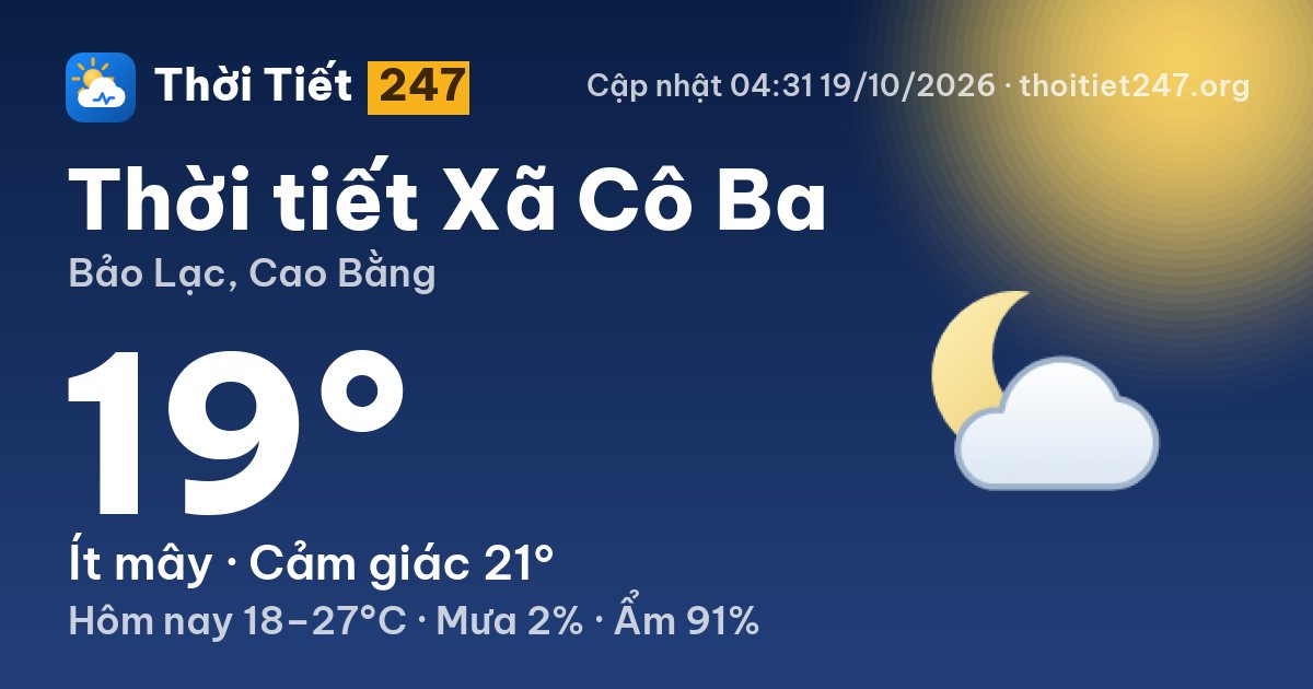 Thời tiết Xã Cô Ba hôm nay 19/10/2026: 19°C, ít mây