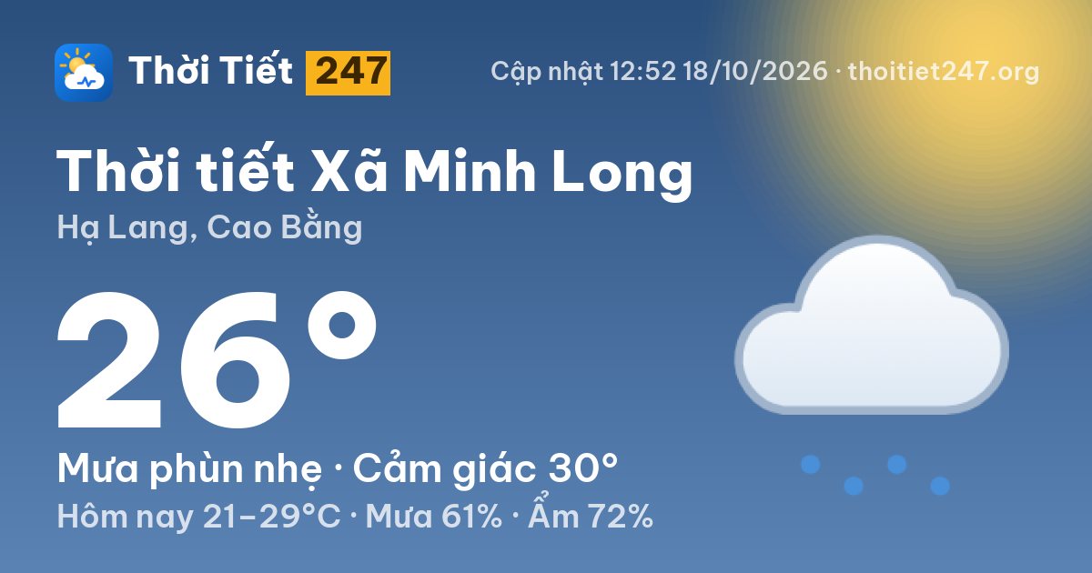 Thời tiết Xã Minh Long hôm nay 18/10/2026: 26°C, mưa phùn nhẹ