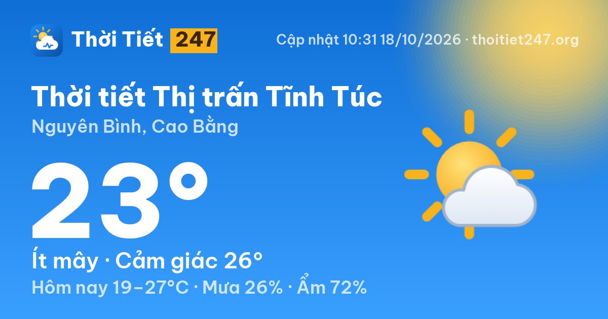 Thời tiết Thị trấn Tĩnh Túc hôm nay 18/10/2026: 23°C, ít mây