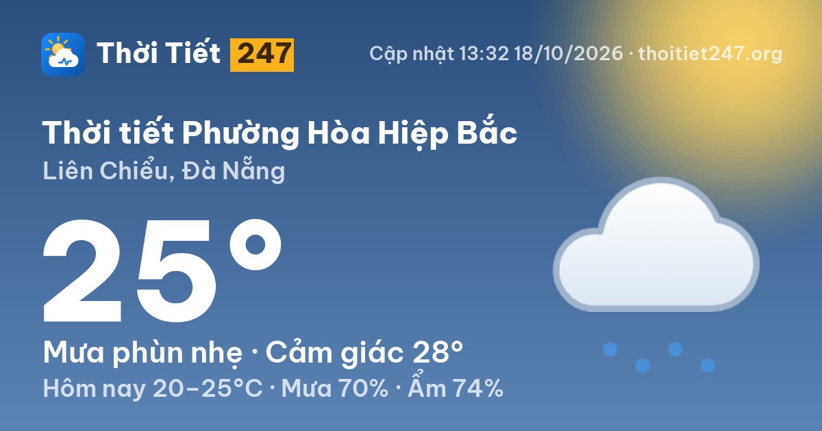 Thời tiết Phường Hòa Hiệp Bắc hôm nay 18/10/2026: 25°C, mưa phùn nhẹ