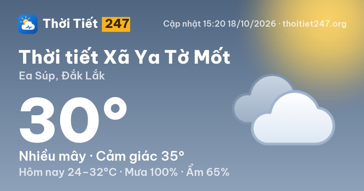 Thời tiết Xã Ya Tờ Mốt hôm nay 18/10/2026: 30°C, nhiều mây