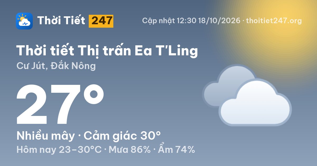 Thời tiết Thị trấn Ea T'Ling hôm nay 18/10/2026: 27°C, nhiều mây