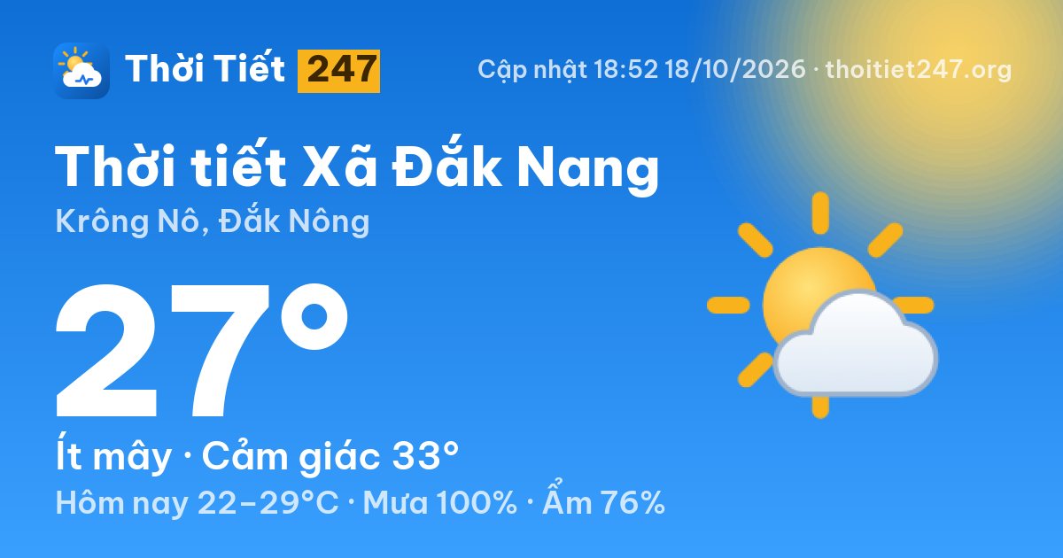 Thời tiết Xã Đắk Nang hôm nay 18/10/2026: 27°C, ít mây