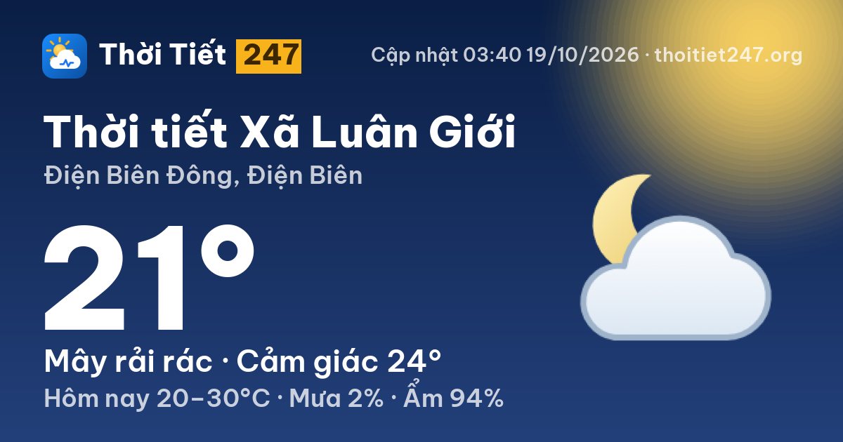 Thời tiết Xã Luân Giới hôm nay 19/10/2026: 21°C, mây rải rác