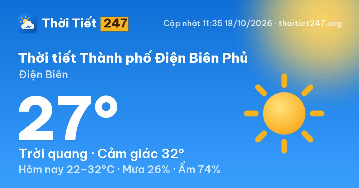 Thời tiết Thành phố Điện Biên Phủ hôm nay 18/10/2026: 27°C, trời quang