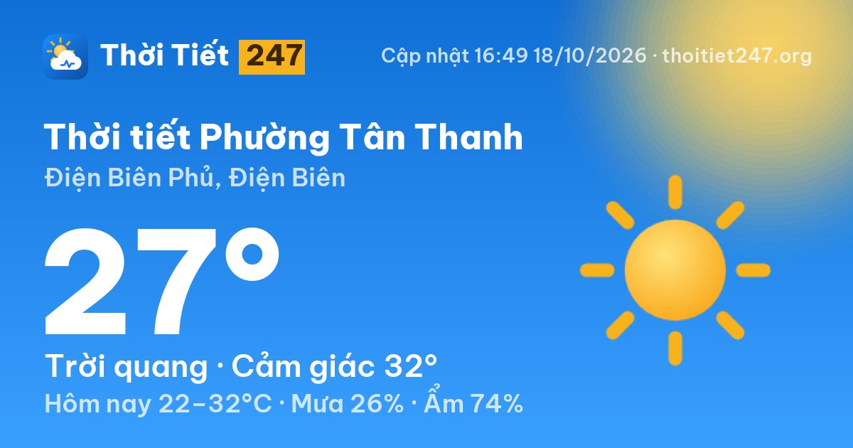 Thời tiết Phường Tân Thanh hôm nay 18/10/2026: 27°C, trời quang