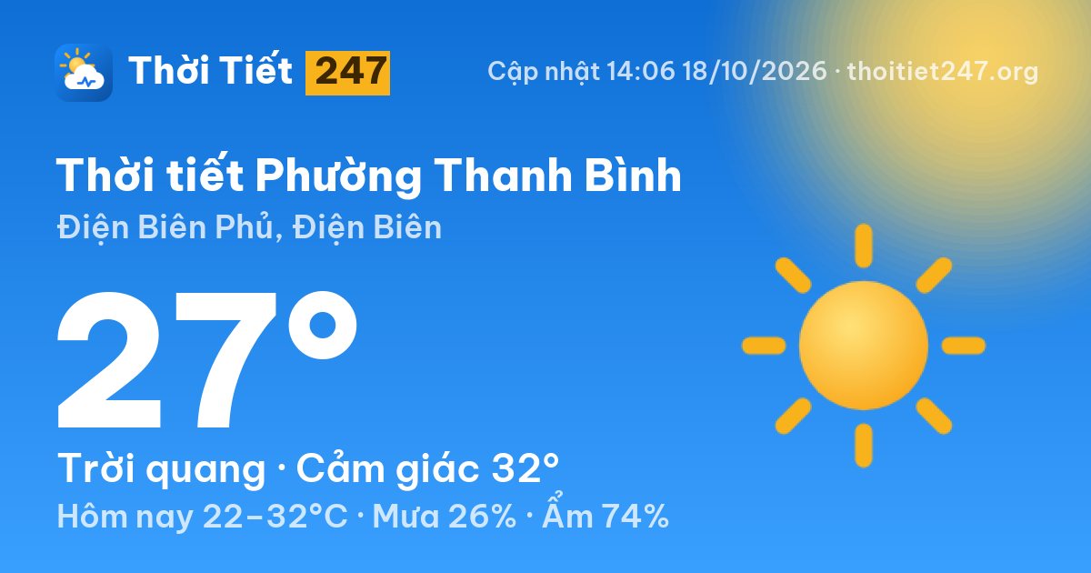 Thời tiết Phường Thanh Bình hôm nay 18/10/2026: 27°C, trời quang