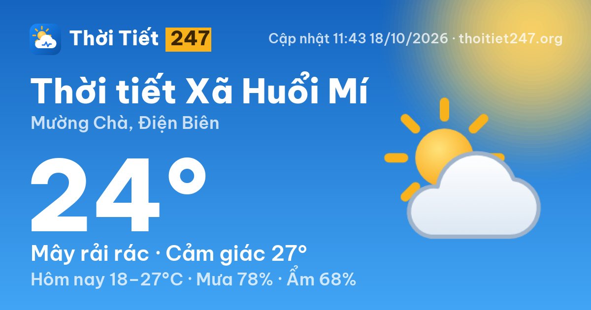 Thời tiết Xã Huổi Mí hôm nay 18/10/2026: 20°C, ít mây
