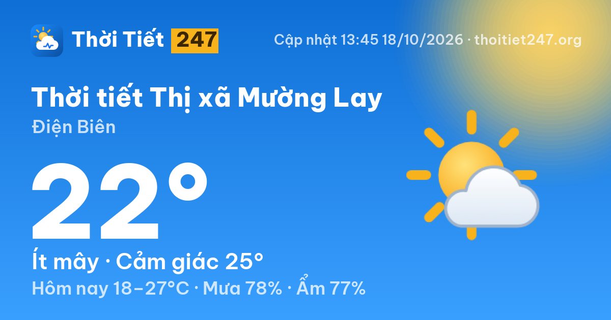 Thời tiết Thị xã Mường Lay hôm nay 18/10/2026: 22°C, ít mây
