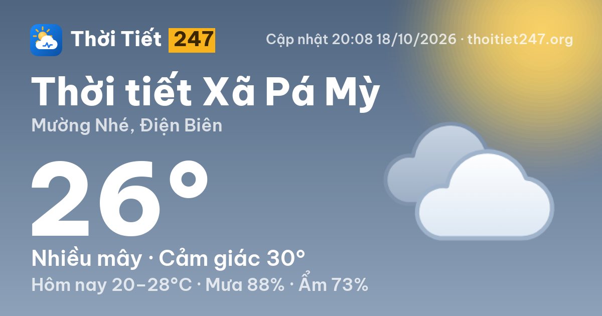 Thời tiết Xã Pá Mỳ hôm nay 18/10/2026: 26°C, nhiều mây