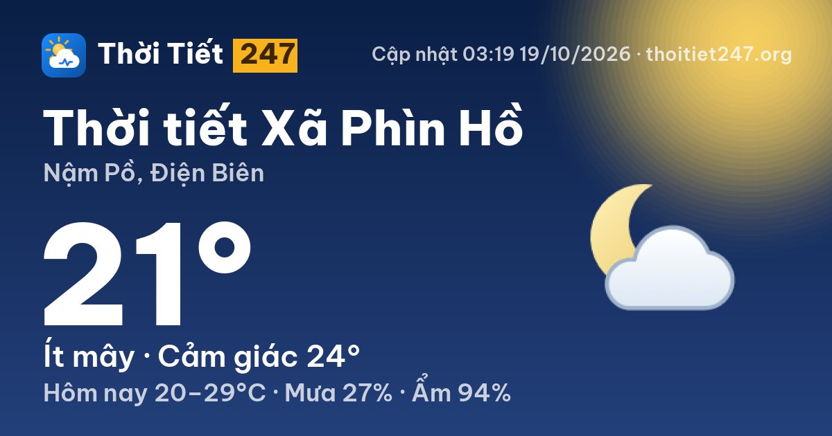 Thời tiết Xã Phìn Hồ hôm nay 18/10/2026: 24°C, ít mây