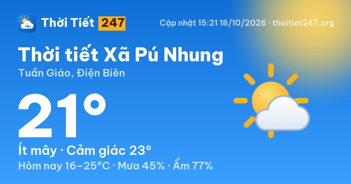 Thời tiết Xã Pú Nhung hôm nay 18/10/2026: 21°C, ít mây