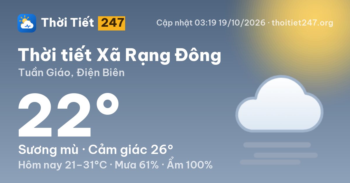 Thời tiết Xã Rạng Đông hôm nay 18/10/2026: 26°C, trời quang