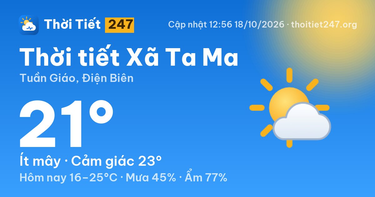 Thời tiết Xã Ta Ma hôm nay 18/10/2026: 21°C, ít mây