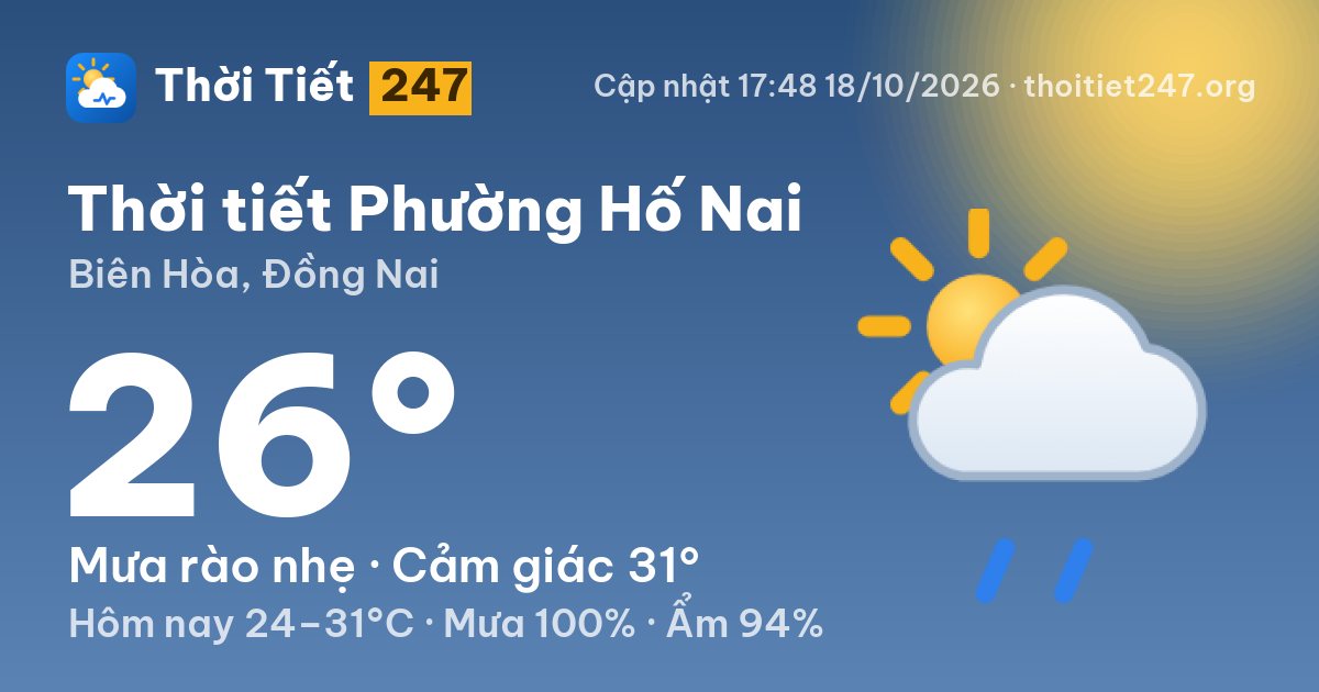 Thời tiết Phường Hố Nai hôm nay 18/10/2026: 26°C, mưa rào nhẹ