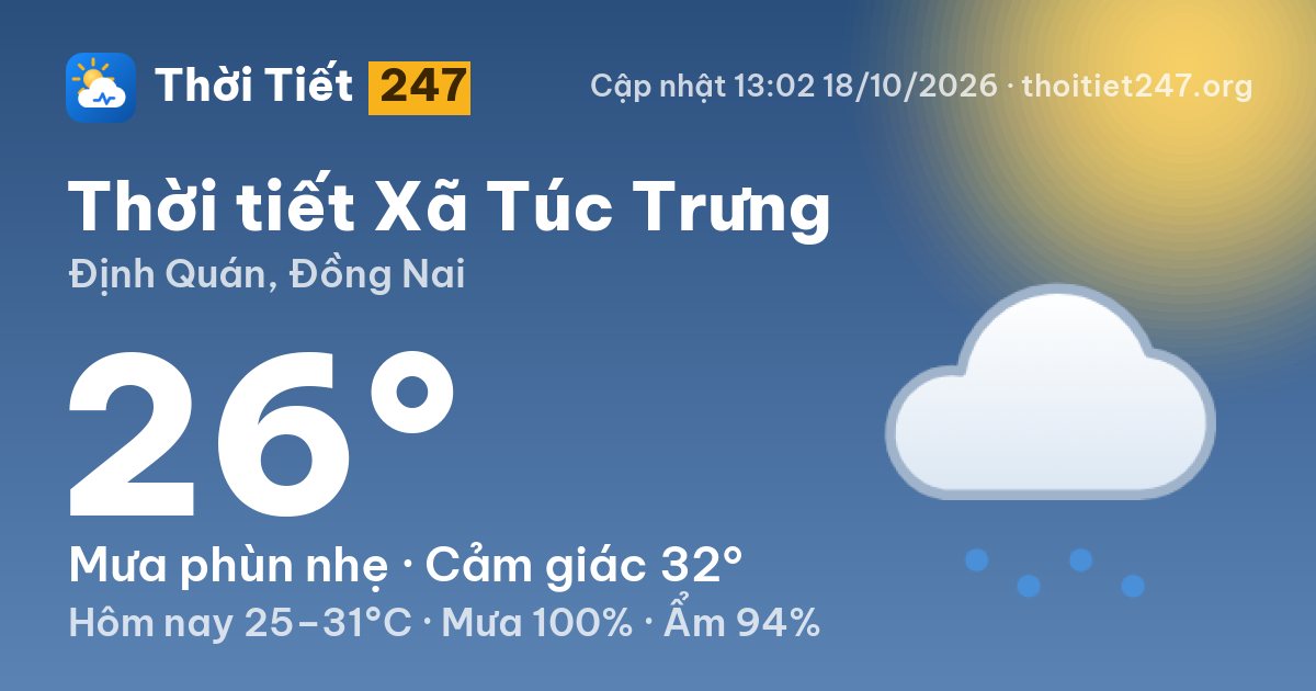 Thời tiết Xã Túc Trưng hôm nay 18/10/2026: 26°C, mưa phùn nhẹ